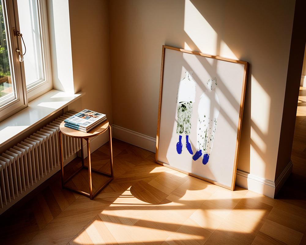 Minimalistische Paar-Illustration mit blauen Stiefeln
