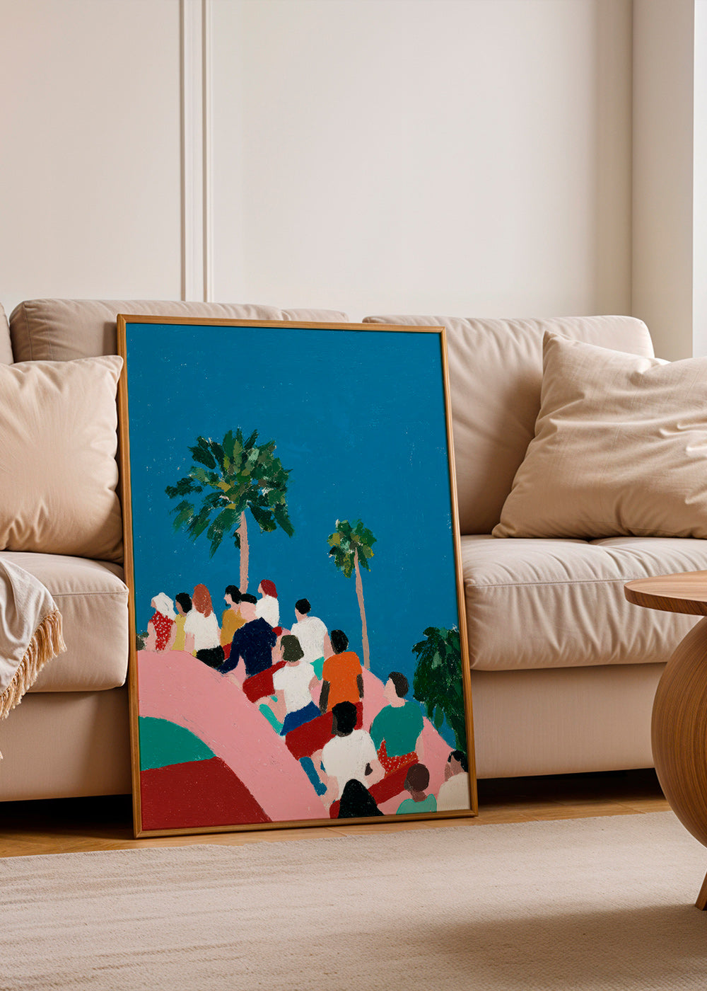 Illustration von Menschen auf einer Attraktion mit Palmen