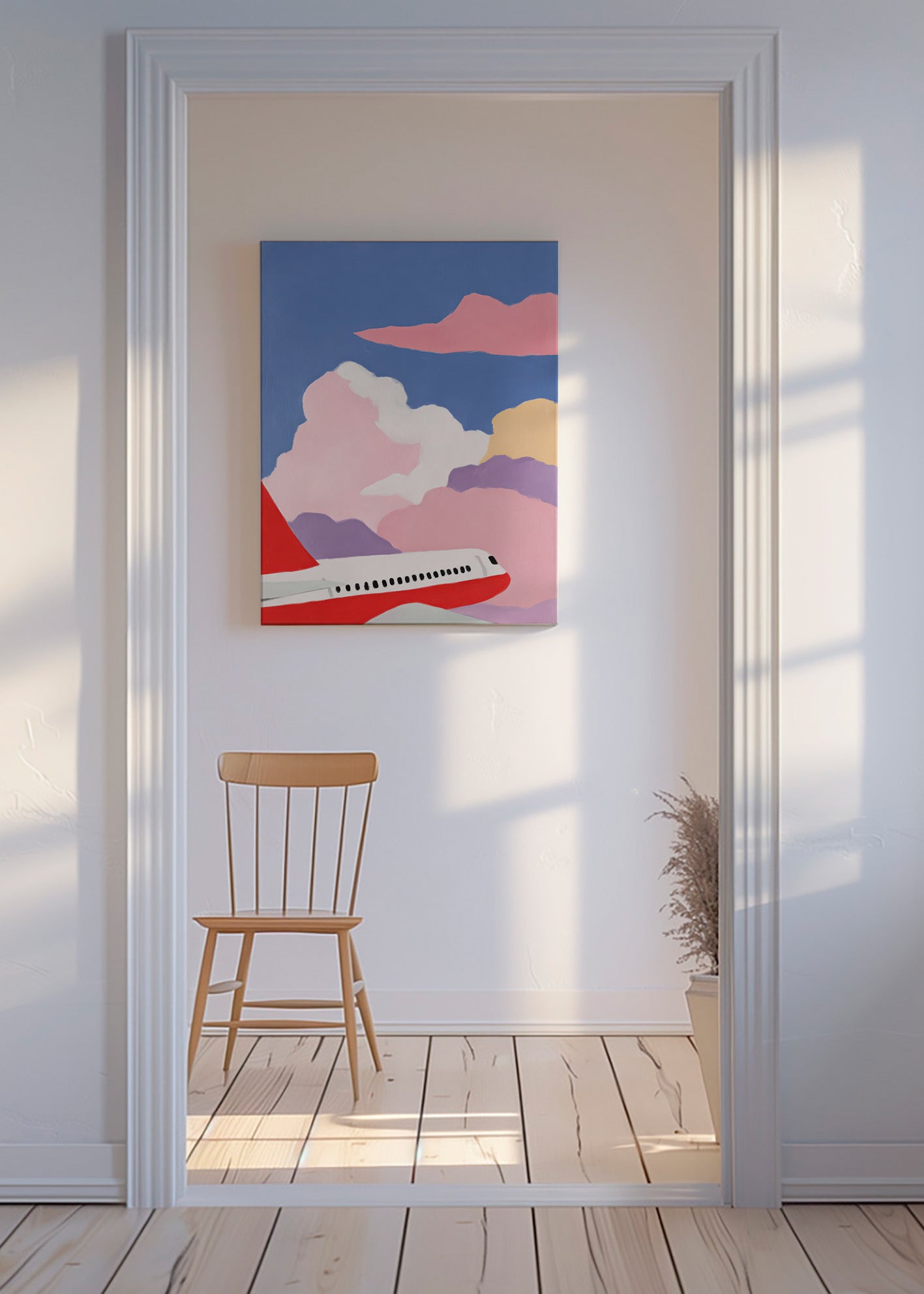 Illustration Flugzeug über rosa Wolken