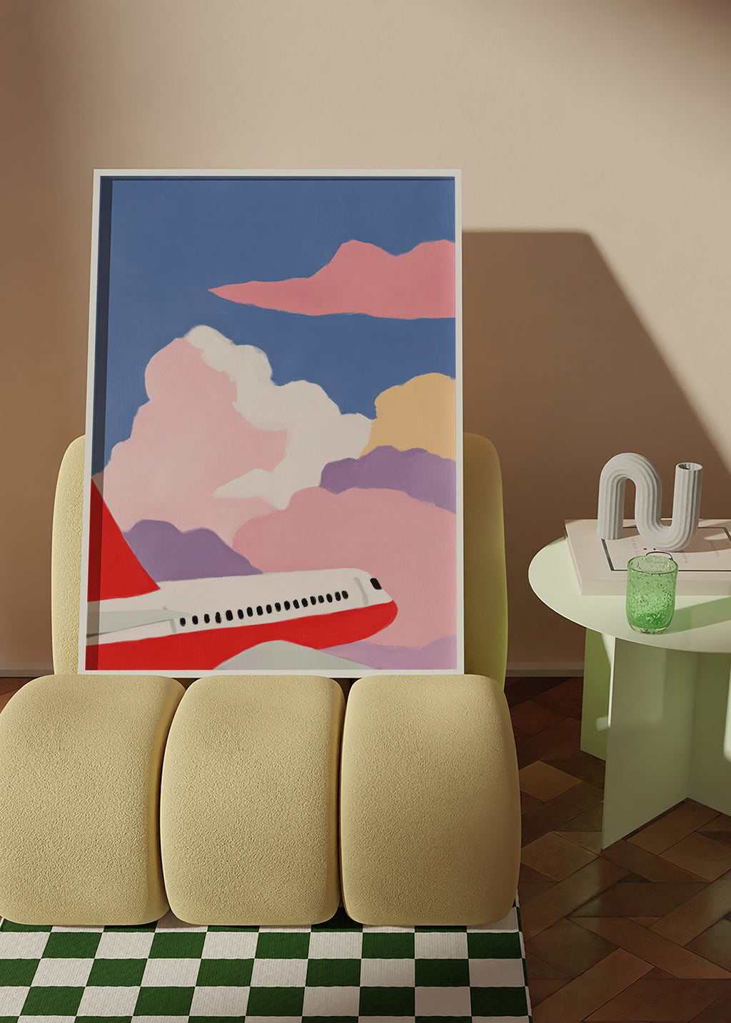 Illustration Flugzeug über rosa Wolken