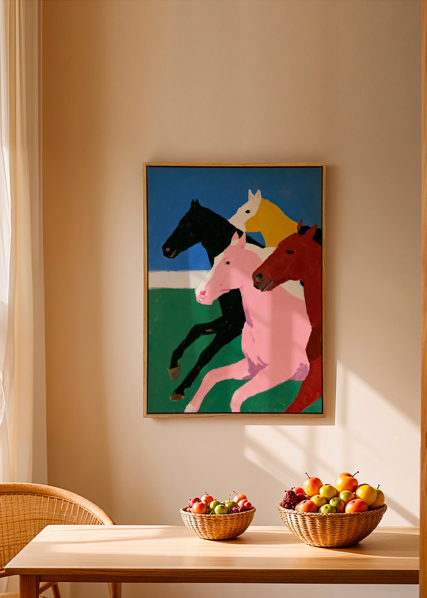 Kunstwerk vier galoppierende Pferde in flächigen Farben