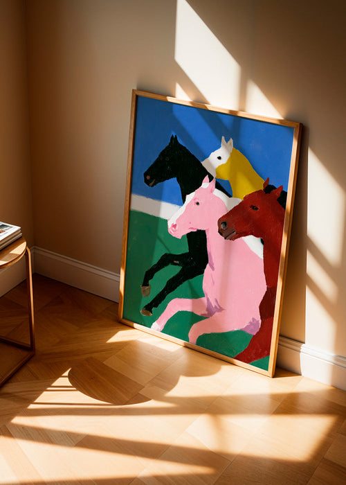 Kunstwerk vier galoppierende Pferde in flächigen Farben