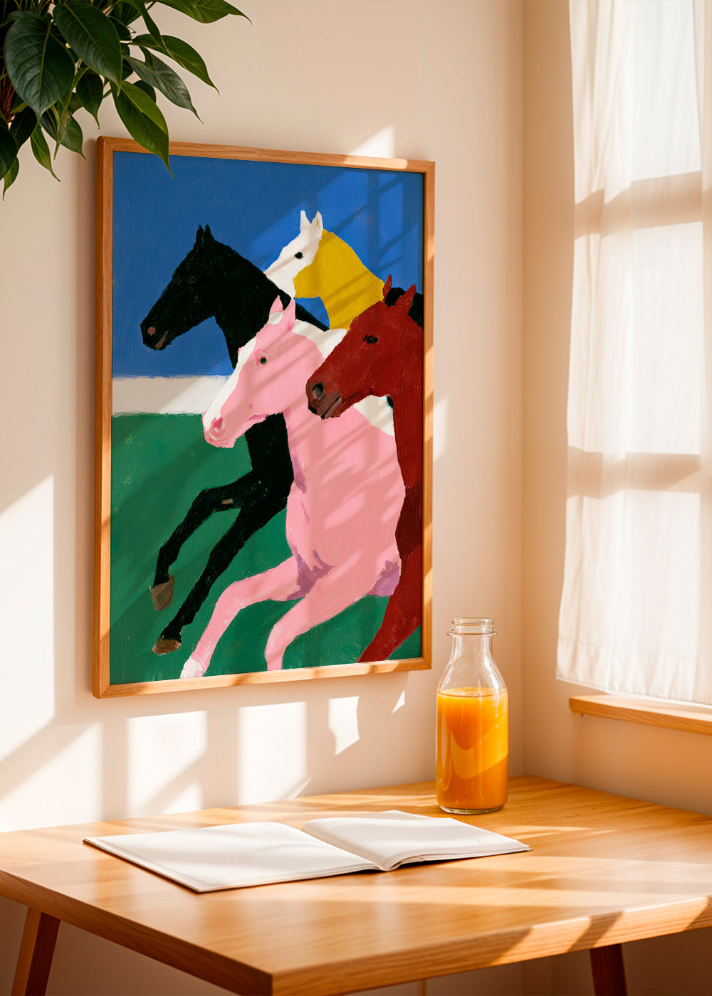Kunstwerk vier galoppierende Pferde in flächigen Farben