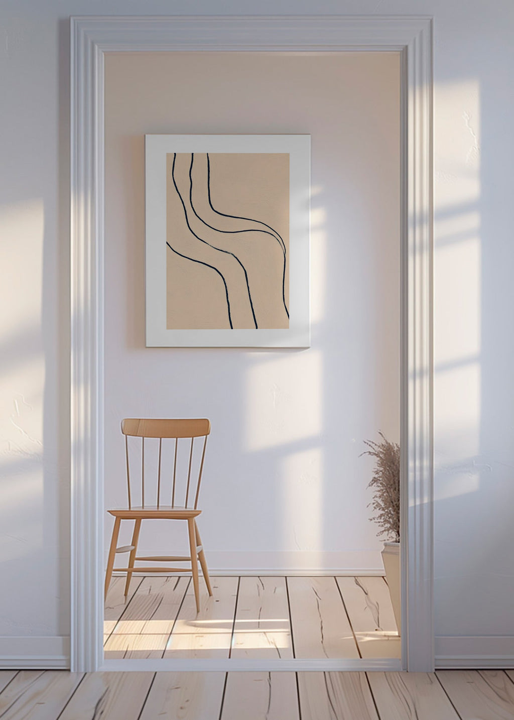 Minimalistisches Bild mit fließenden Linien auf Beige