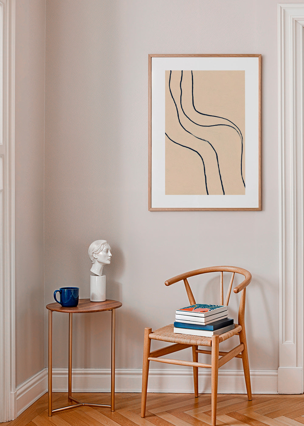 Minimalistisches Bild mit fließenden Linien auf Beige