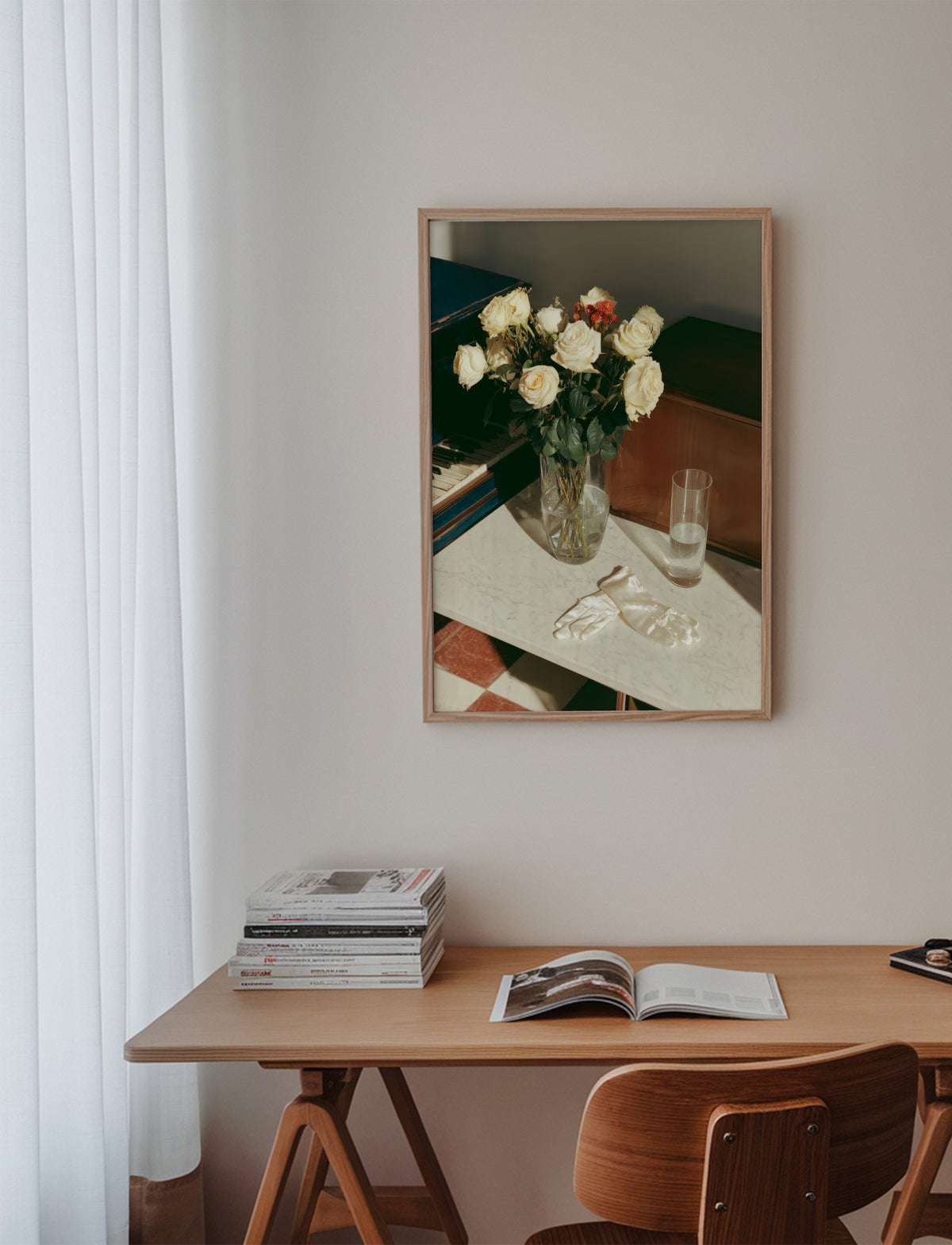 White Roses - Framed poster in an interior