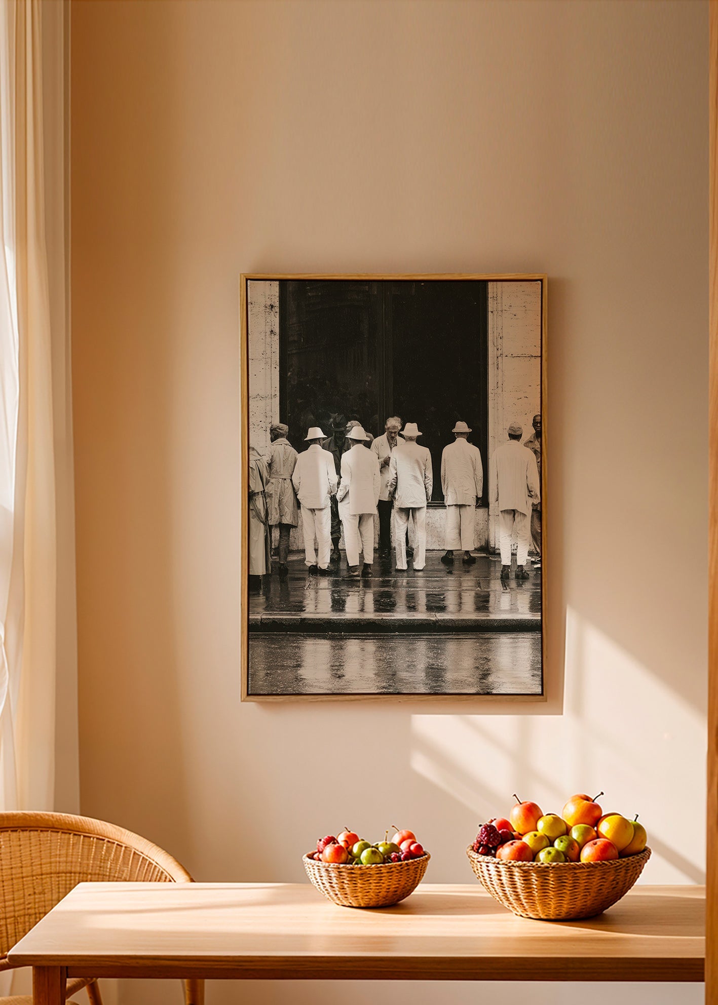 Schwarzweiß-Fotografie: Männer von hinten im Regen