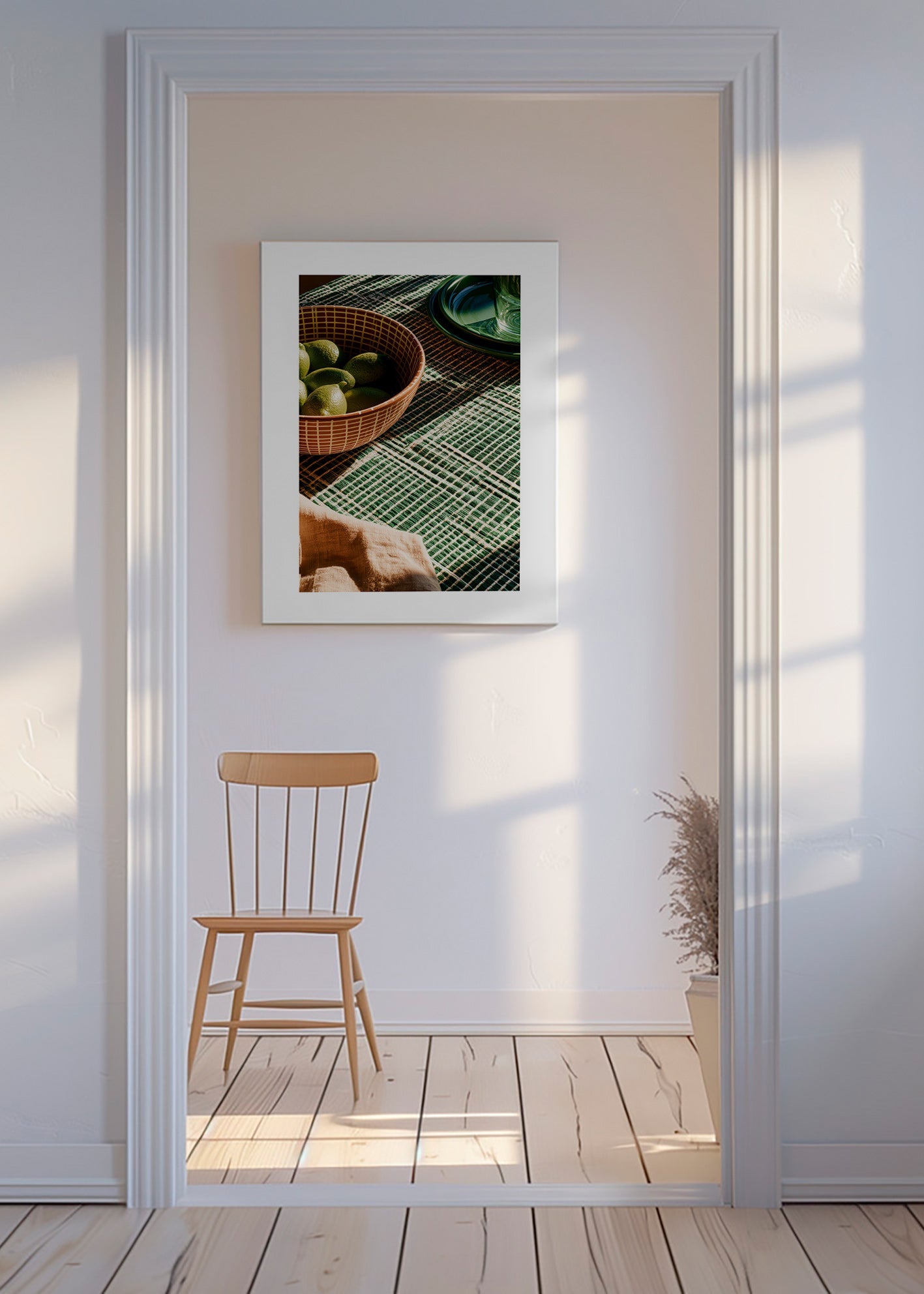 Küchenkunst mit Limetten in Schale und grafischem Tuch