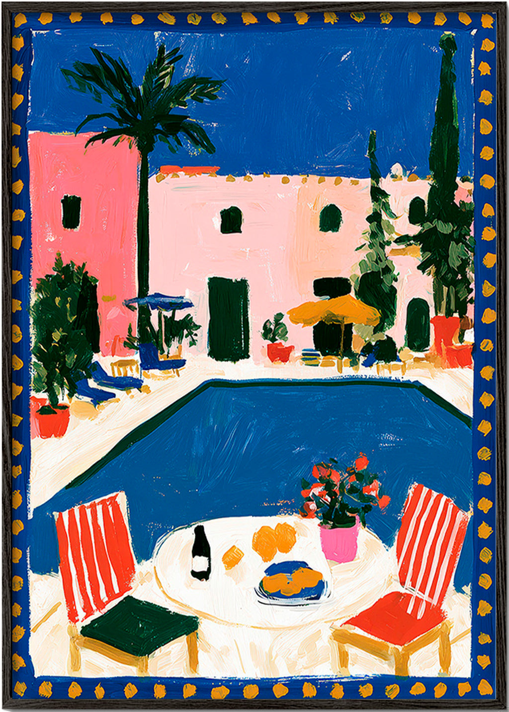 Reiseplakat: rosa Villa mit Pool