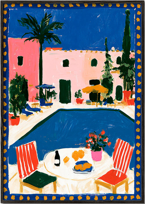 Reiseplakat: rosa Villa mit Pool