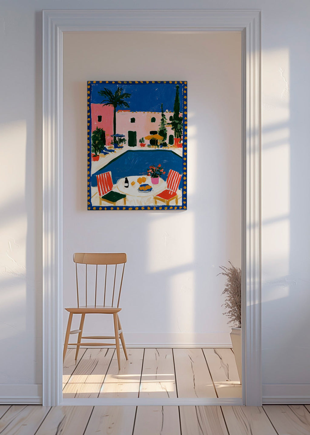 Reiseplakat: rosa Villa mit Pool