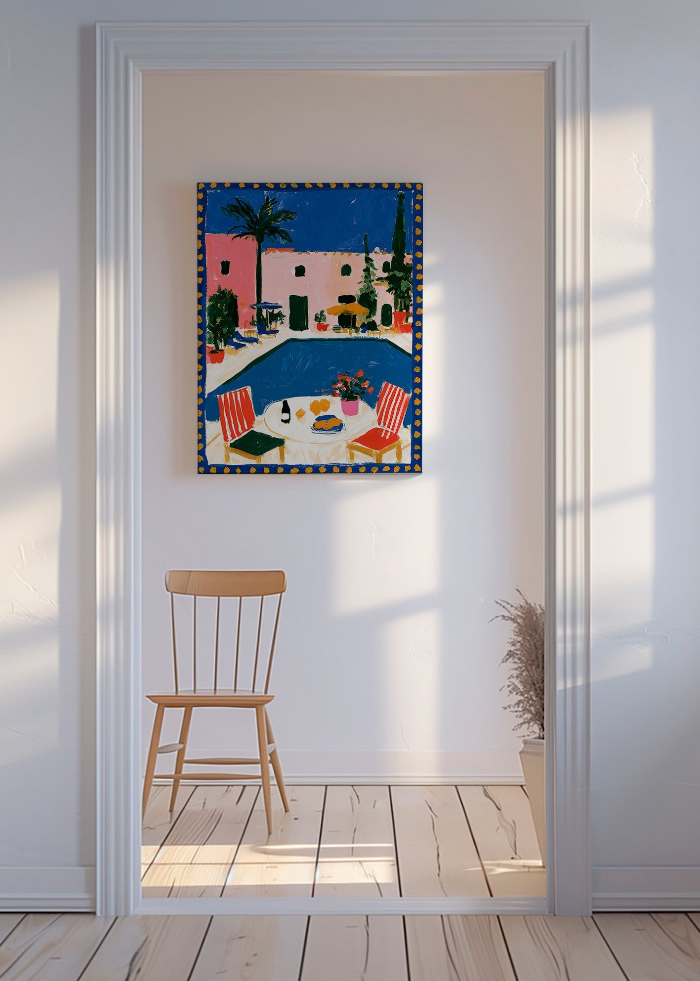 Reiseplakat: rosa Villa mit Pool