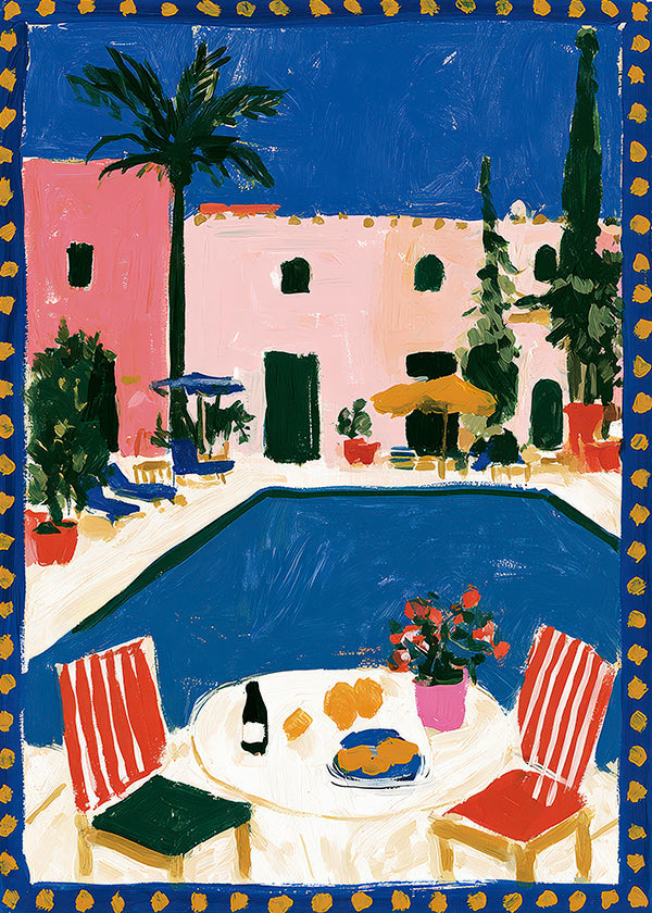 Reiseplakat: rosa Villa mit Pool