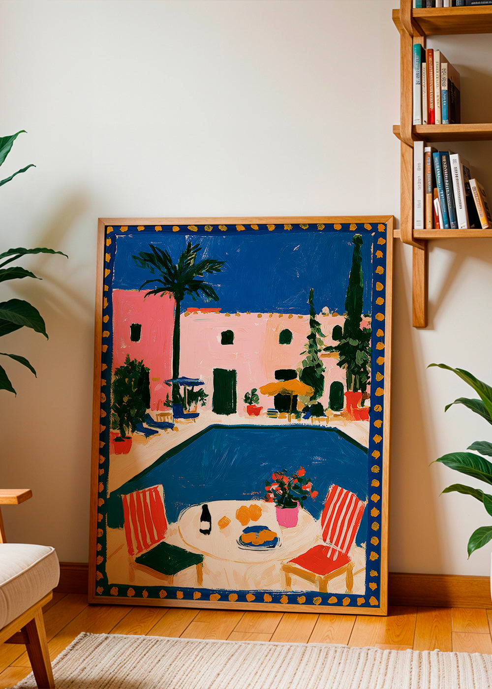 Reiseplakat: rosa Villa mit Pool