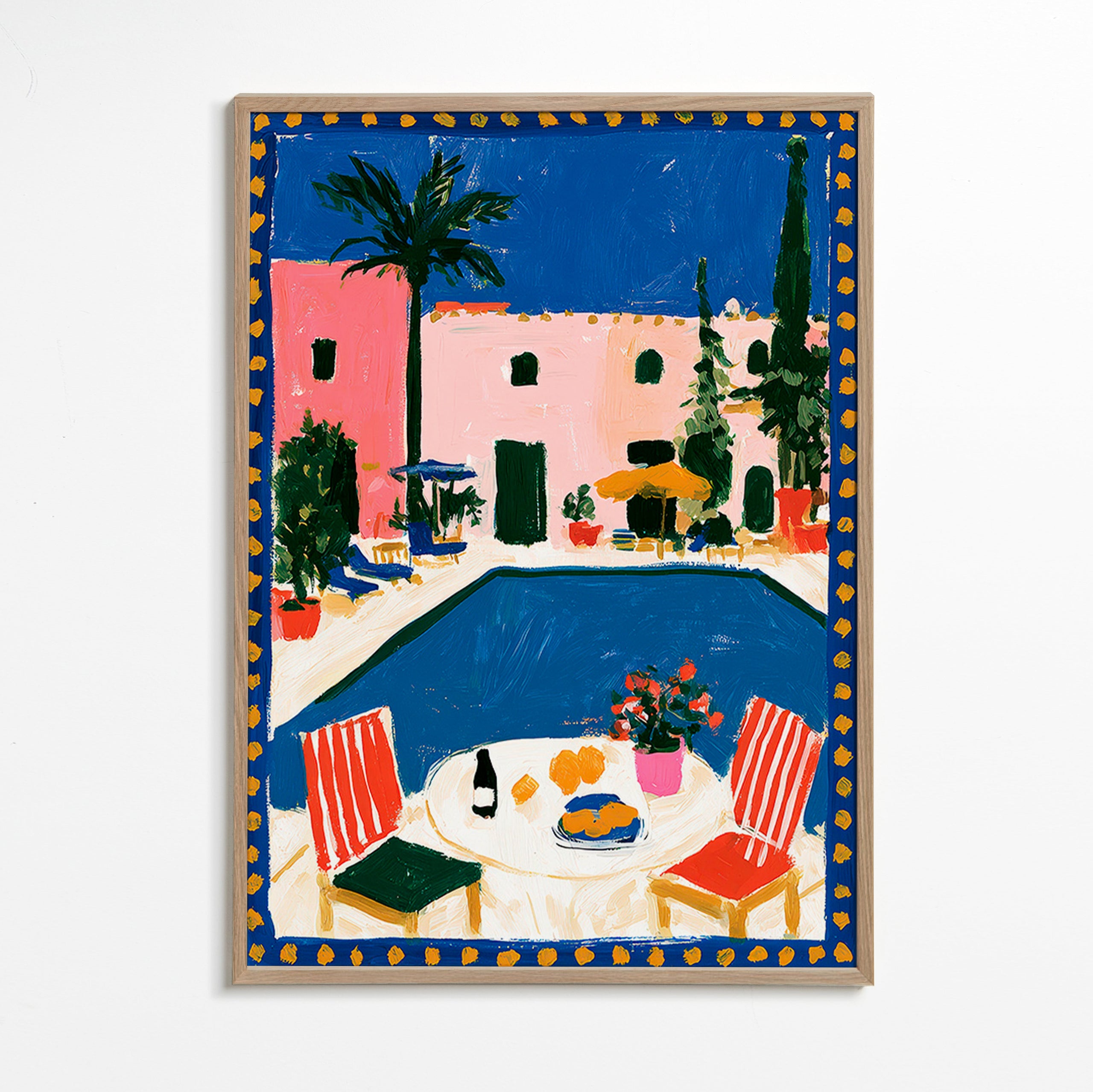 Reiseplakat: rosa Villa mit Pool