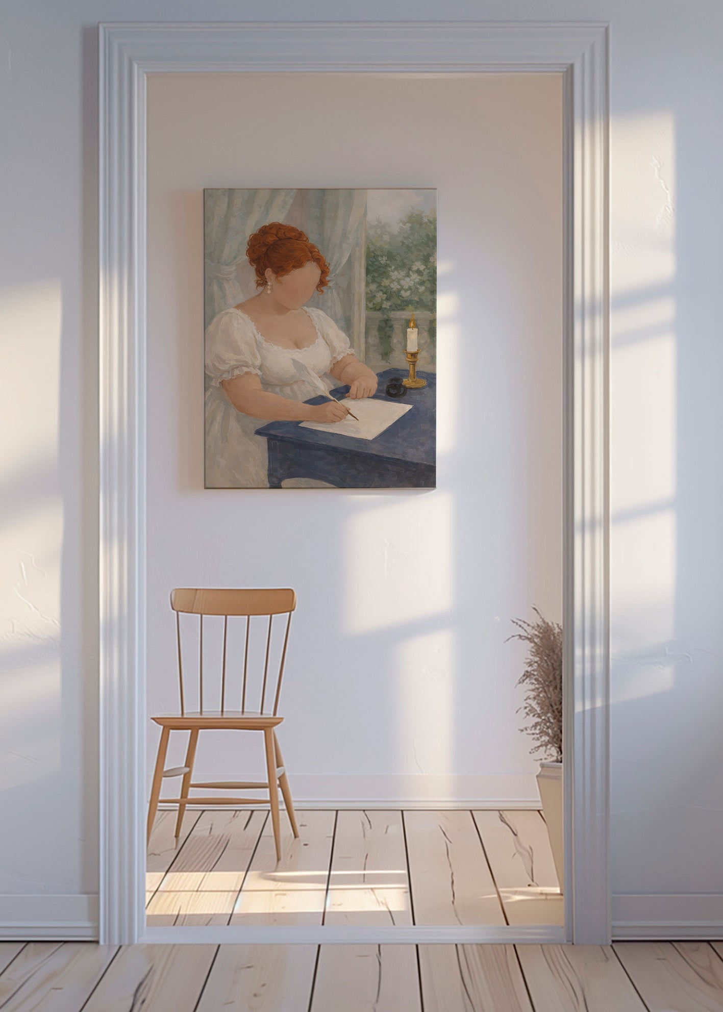Illustration einer Dame, die bei Kerzenlicht schreibt