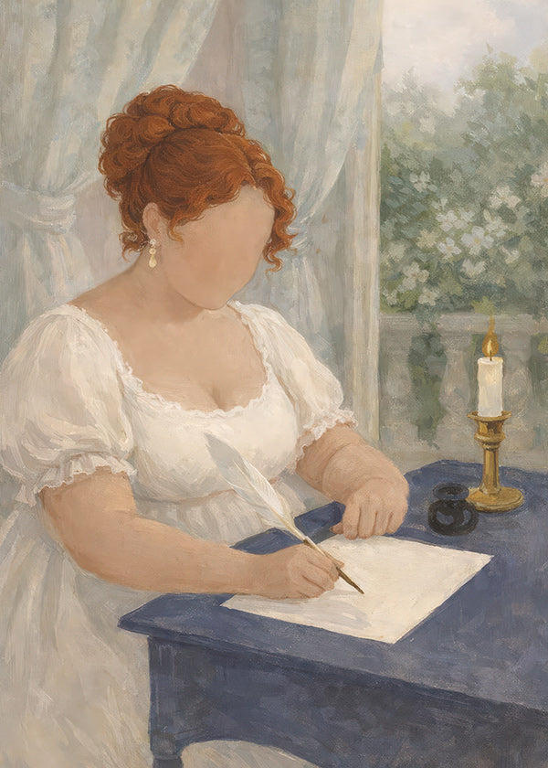 Illustration einer Dame, die bei Kerzenlicht schreibt