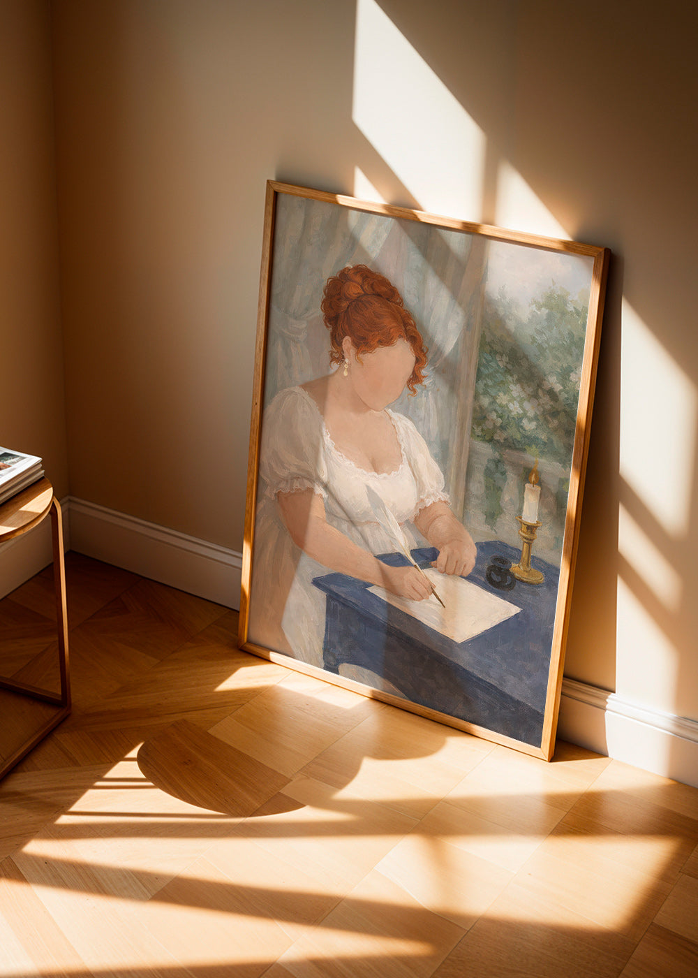 Illustration einer Dame, die bei Kerzenlicht schreibt