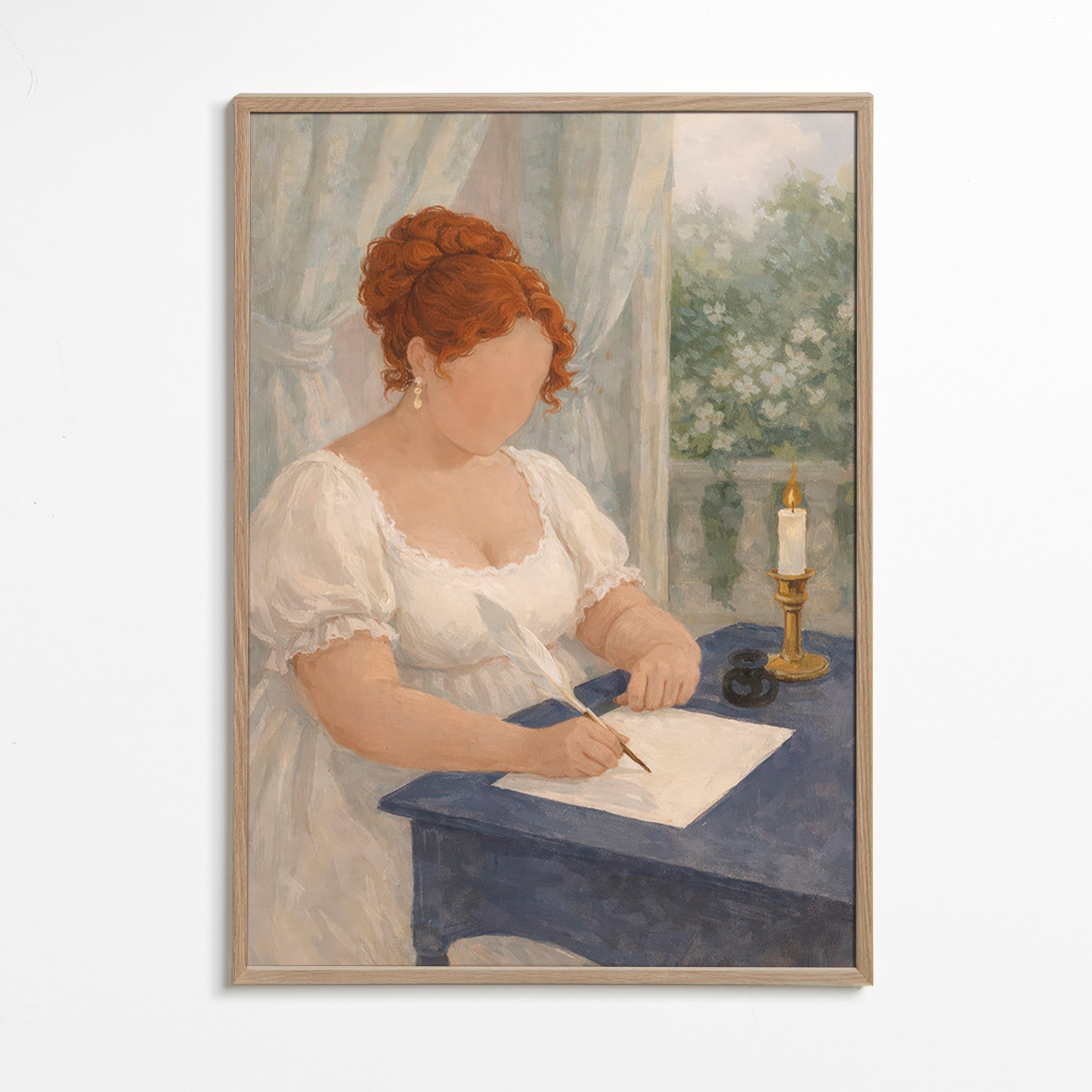 Illustration einer Dame, die bei Kerzenlicht schreibt